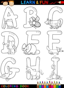 Cartoon Alphabet Coloring Book or Page Set with Funny Animals for Children Education and Fun