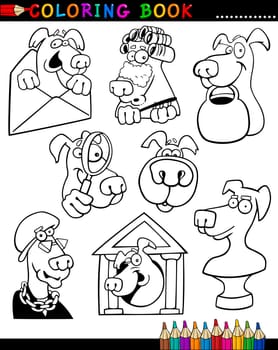 Coloring Book or Page Cartoon Illustration of Funny Dogs and Puppies for Children
