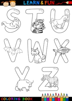 Cartoon Alphabet Coloring Book or Page Set with Funny Animals for Children Education and Fun