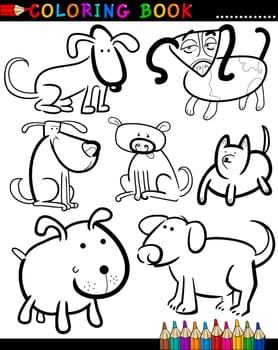 Coloring Book or Page Cartoon Illustration of Funny Dogs and Puppies for Children