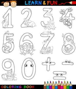 Cartoon Coloring Book or Page Illustration of Numbers Signs from Zero to Nine with Animals Characters for Children Education and Fun
