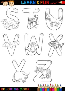 Cartoon Alphabet Coloring Book or Page Set with Funny Animals for Children Education and Fun