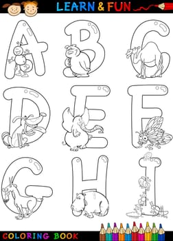 Cartoon Alphabet Coloring Book or Page Set with Funny Animals for Children Education and Fun