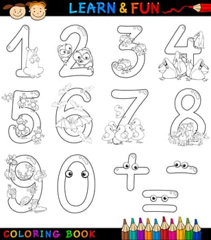 Cartoon Coloring Book or Page Illustration of Numbers Signs from Zero to Nine with Animals Characters for Children Education and Fun