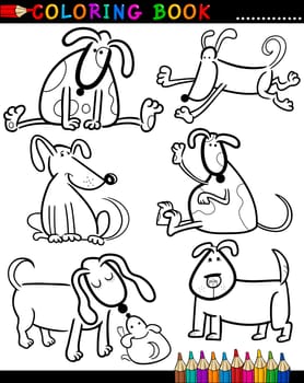 Coloring Book or Page Cartoon Illustration of Funny Dogs and Puppies for Children