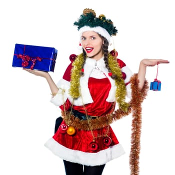 one woman dressed as santa claus holding presents gifts as christmas tree on studio isolated white background