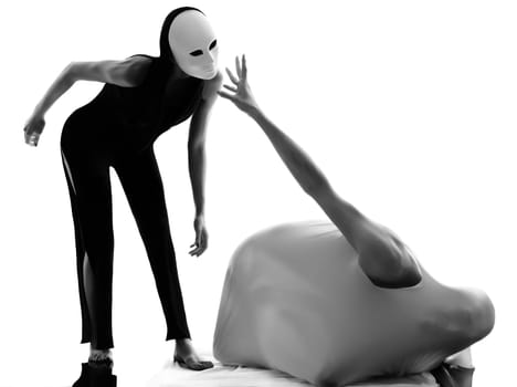 dancer performer mime with mask acting couple lovers conceptual in studio isolated on white background