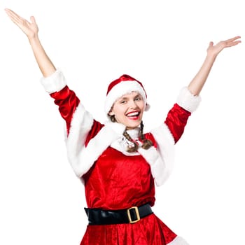 one woman happy joyful  arms raised dressed as christmas santa claus on studio isolated white background