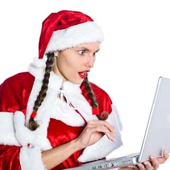 one woman dressed as santa claus on studio isolated white background