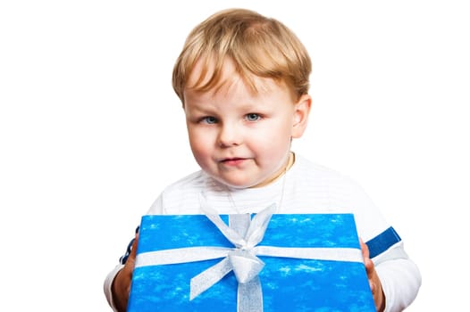 Portrait of the little boy with a gift, it is isolated on white