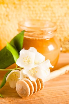 jar of honey on the background of honeycombs