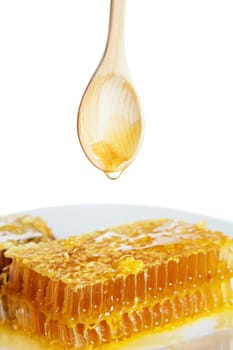 spoon with honeycomb  on white plate