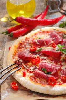 Pizza Salami with peperoni or peppers and olive oil for italian restaurants concepts