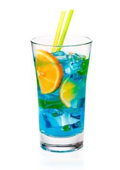 Cool refreshing blue curacao cocktail in a tall glass with orange slices and ice isolated on a white background