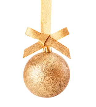 Pretty hanging golden Christmas glitter bauble with a decorative gold ribbon and bow isolated on white