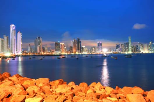 Panama City, city center skyline and Bay of Panama, Panama, Central America in the sunset
