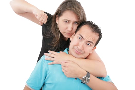 Man and woman conflict. Home violence concept. Isolated on white