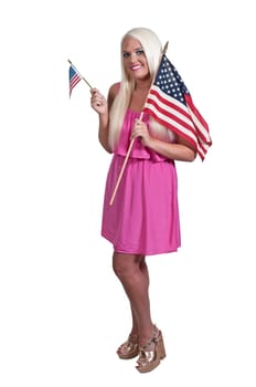 Beautiful young woman holding an American flag.