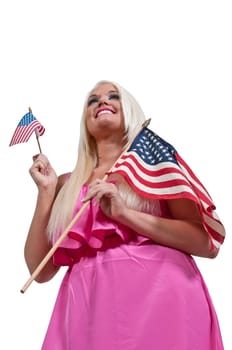 A beautiful young woman holding an American flag