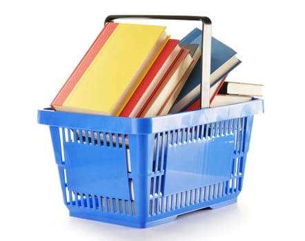 Plastic shopping basket with books isolated on white