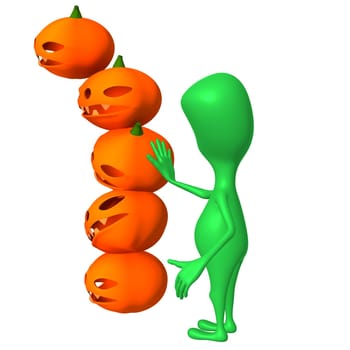 Side view puppy overthrows column from orange pupkins