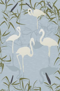 Romantic background illustration with flamingo birds on the lake