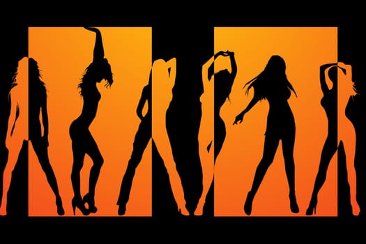 Silhouetts of six different dancing girls in black and orange.