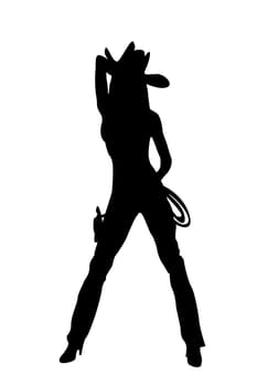 Silhouette drawing of a cowgirl with hat, whip and pistol