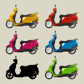 A collection of retro style imagery scooters in colors and silhouette