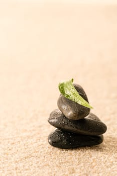 Spa zen stones with leaf on sand still nature
