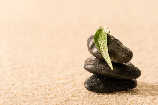 Spa zen stones with leaf on sand still nature