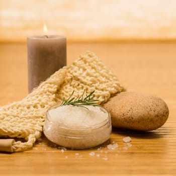 Spa natural products skin scrub and salt on wooden background