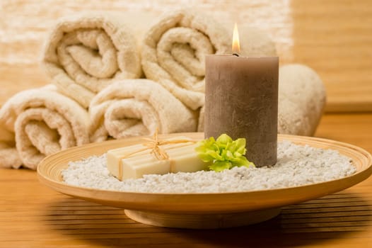 Spa decor wooden tray with candle and soap natural color