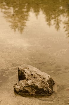 Sepia toned stone in the water of a lake
