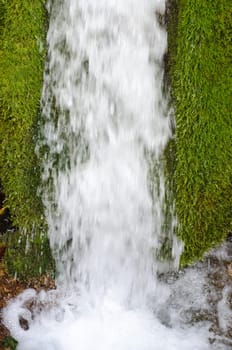 Water falls is surrounded by green moss