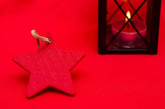 Red heart and lantern with candle and copy space