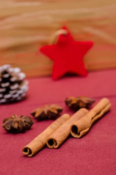 Cinnamon stick,star anise and red star on Advent