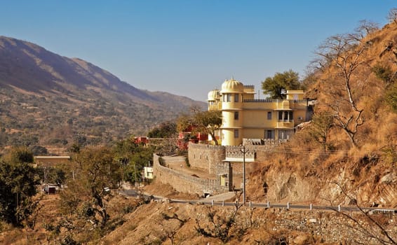 Picturesque scene from a high vantage point on the back road approach to Kumbhalgarh Fort taking in the valleys and general hilly terrain