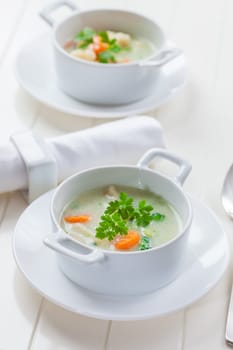 Vegetable soup with bulgur, apple pie and vegetable salad