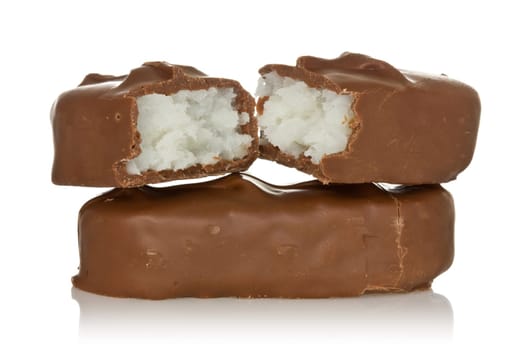 chocolate bars with coconut filling, on a white background