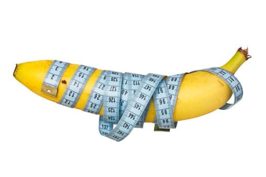 Measure tape wrapped on banana. Isolated on white background