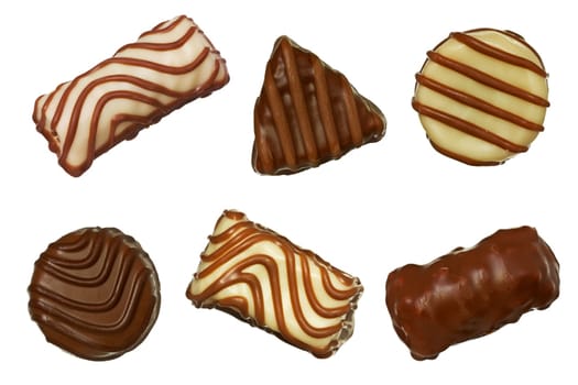 Different chocolate pralines isolated on white background