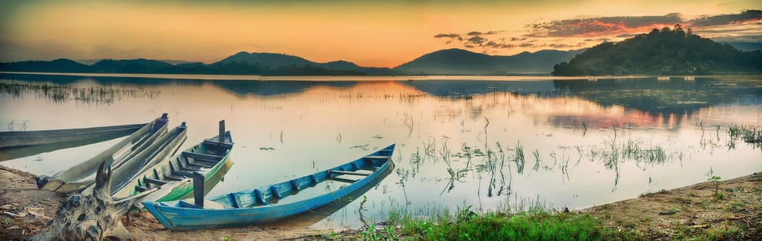 Panorama of a Lak lake at sunrise