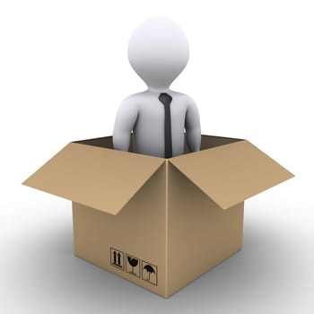 3d businessman is inside of an opened carton box