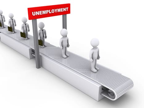 3d businessmen on conveyor pass below unemployment sign