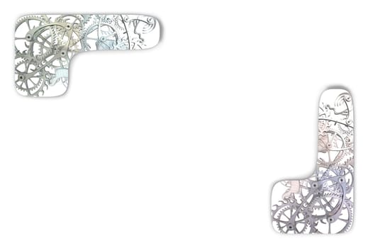 Illustration of cogs and gears seen through openings of a white background