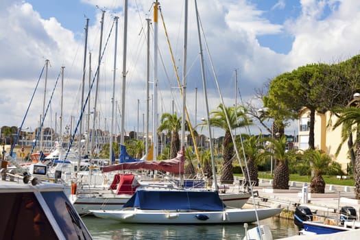 View of the marina with many boats from Gruissan on the French Mediterranean coast