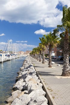 View of the palm-lined harbor promenade of Gruissan in southern France