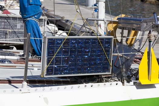 Photovoltaic panels on a sailboat in the port of Gruissan in the south of France