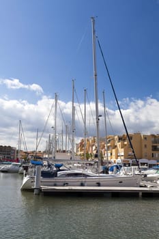 View of the marina with many boats from Gruissan on the French Mediterranean coast